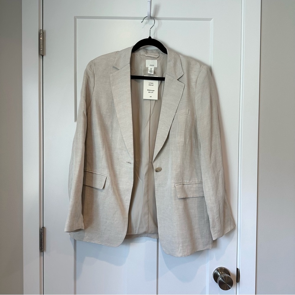 NWT H&M Classic Women's Beige Linen Blend Blazer Jacket Medium M